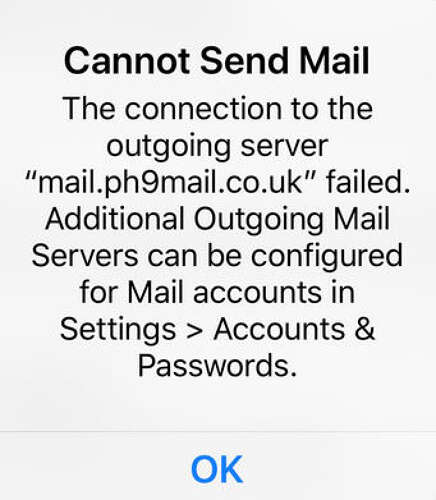 The connection to the outgoing server mail.ph9mail.co.uk failed